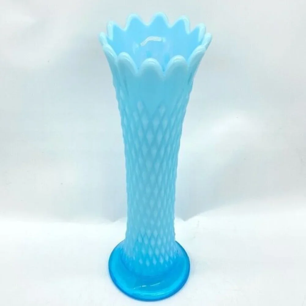 Northwood Blue Opalescent Swung Glass Diamond Point Vase